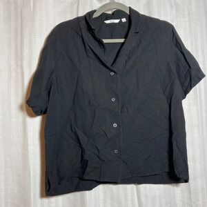 Uniqlo Womens Rayon Linen Short Sleeve Button Down Shirt Black M Normcore Casual